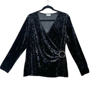 Y2K 90’s Laura Witchy Black Crushed Velvet Long Sleeve V-Neck Jewelled Wrap Top